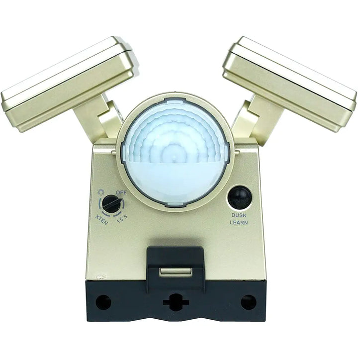 Gold-colored dual-head IQ America battery powered motion sensor flood light with circular sensor lens and black base for eave mount