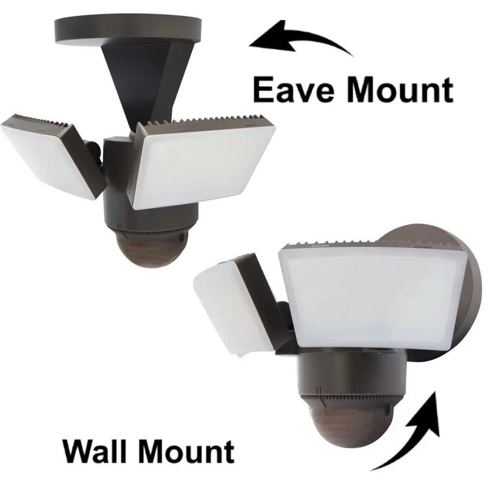 Black iq america led motion security light with two white rectangular led panels and dome sensor for eave mount use
