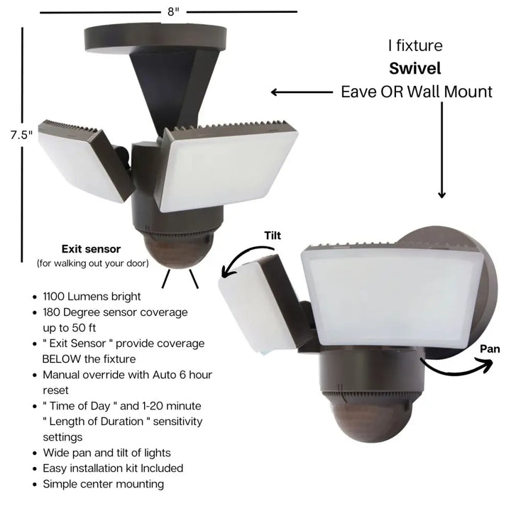 Dark bronze iq america led motion security light with three white rectangular led panels and spherical exit sensor eave mount