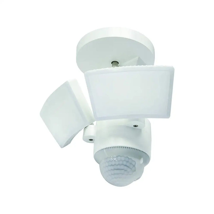 White iq america led motion security light with two adjustable floodlights and dome sensor for eave mount use