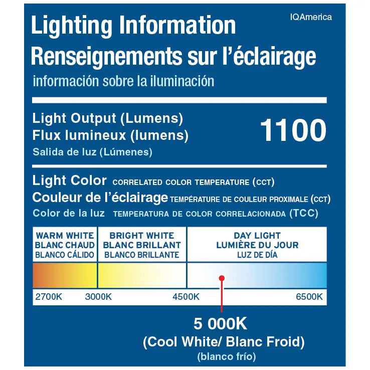 Blue iq america led light label showing 5000k cool white 1100 lumens for motion security eave mount floodlight