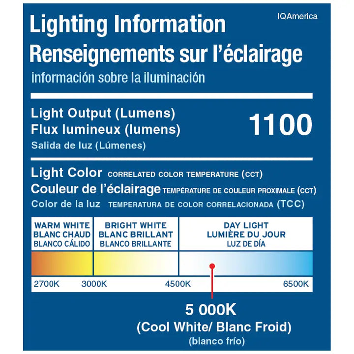 Blue iq america led light label showing 5000k cool white 1100 lumens for motion security eave mount floodlight