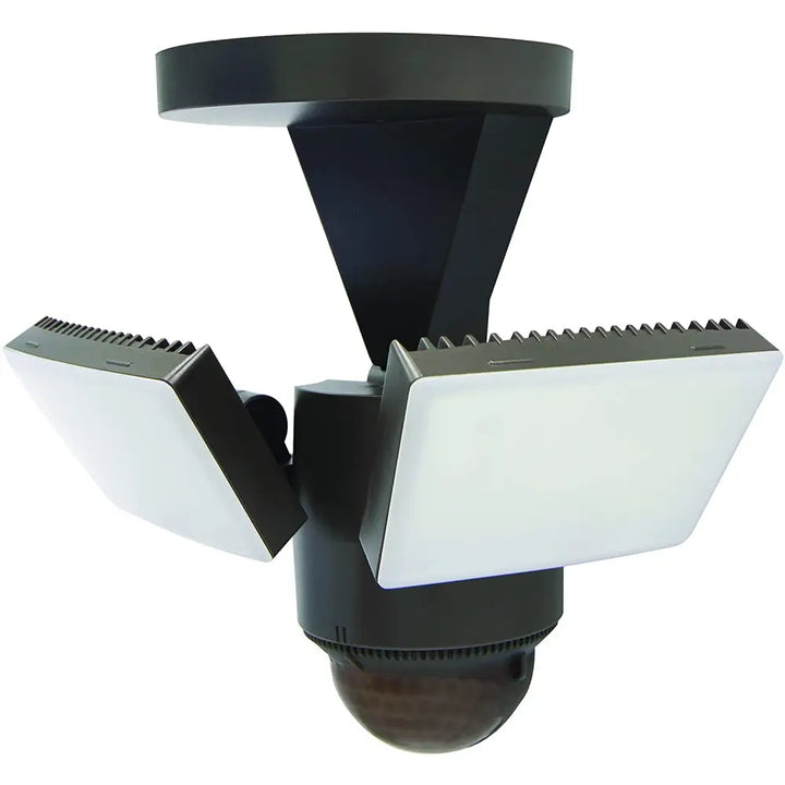 Black and white eave mount iq america led motion security light with dual heads and 1100 lumen outdoor floodlight