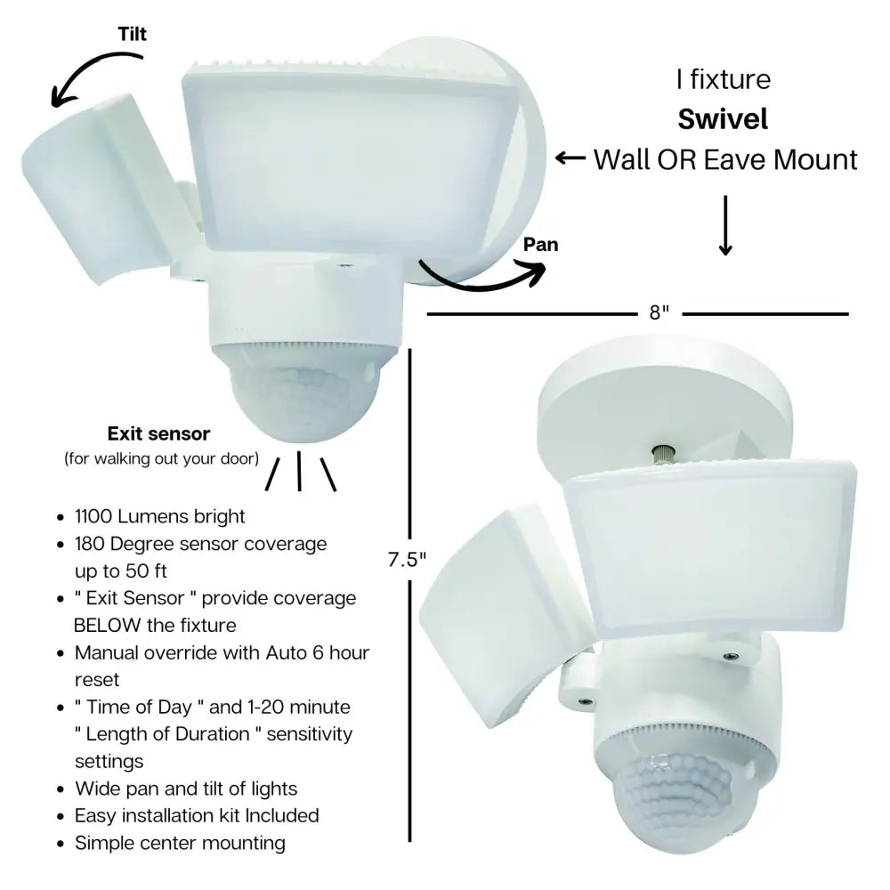 White iq america led motion security light with two adjustable floodlights and central exit sensor for eave mount