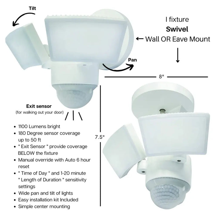 White iq america led motion security light with two adjustable floodlights and central exit sensor for eave mount