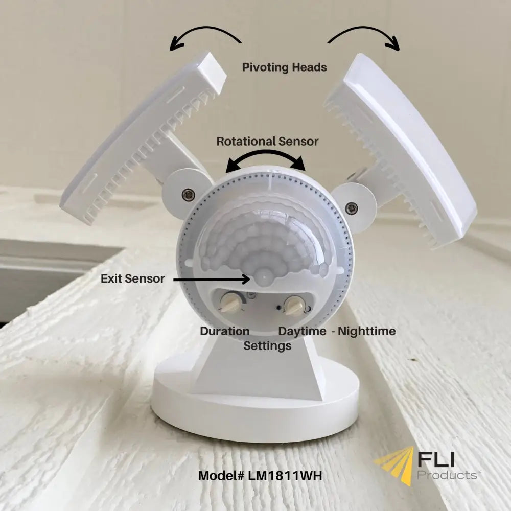White plastic eave mount motion security light with pivoting heads led light model lm1811wh by fli products