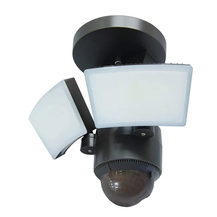 Black iq america led light motion security light with two white led panels and dome sensor lens for eave mount outdoor use