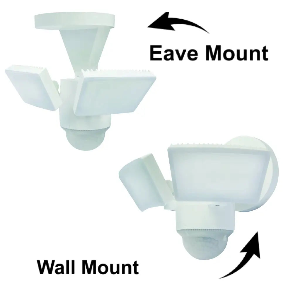 White iq america led motion security light with two adjustable heads and motion sensor for eave mount or wall use