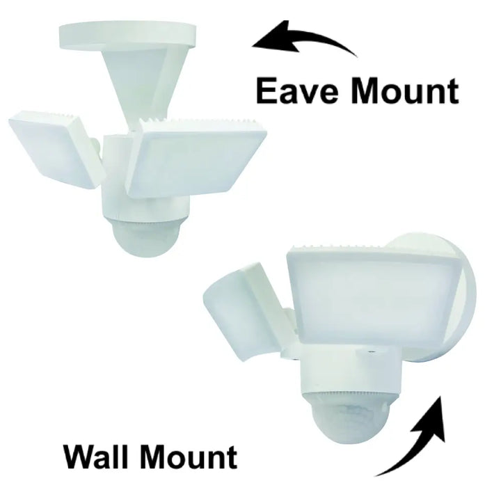 White iq america led motion security light with two adjustable heads and motion sensor for eave mount or wall use