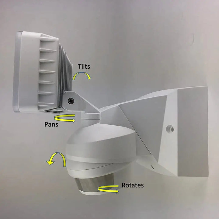 White plastic iq america led motion security floodlight with adjustable tilt for outdoor security and security flood light use