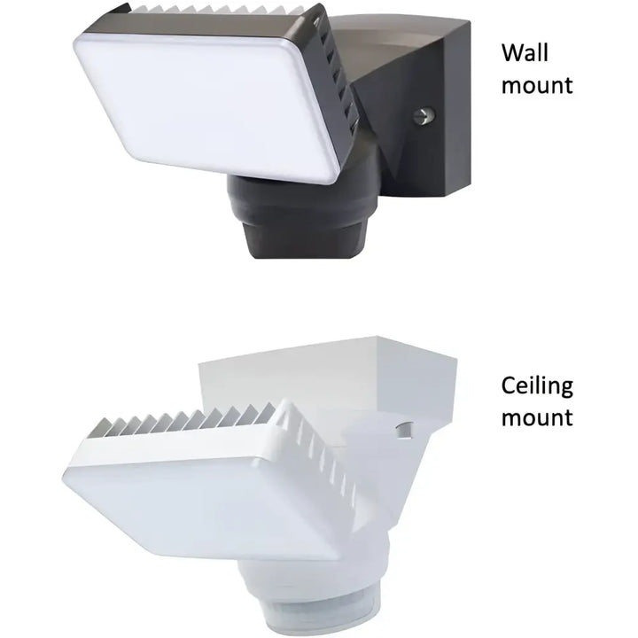Iq America white led security flood light with black bracket for wall or ceiling mount outdoor security motion light