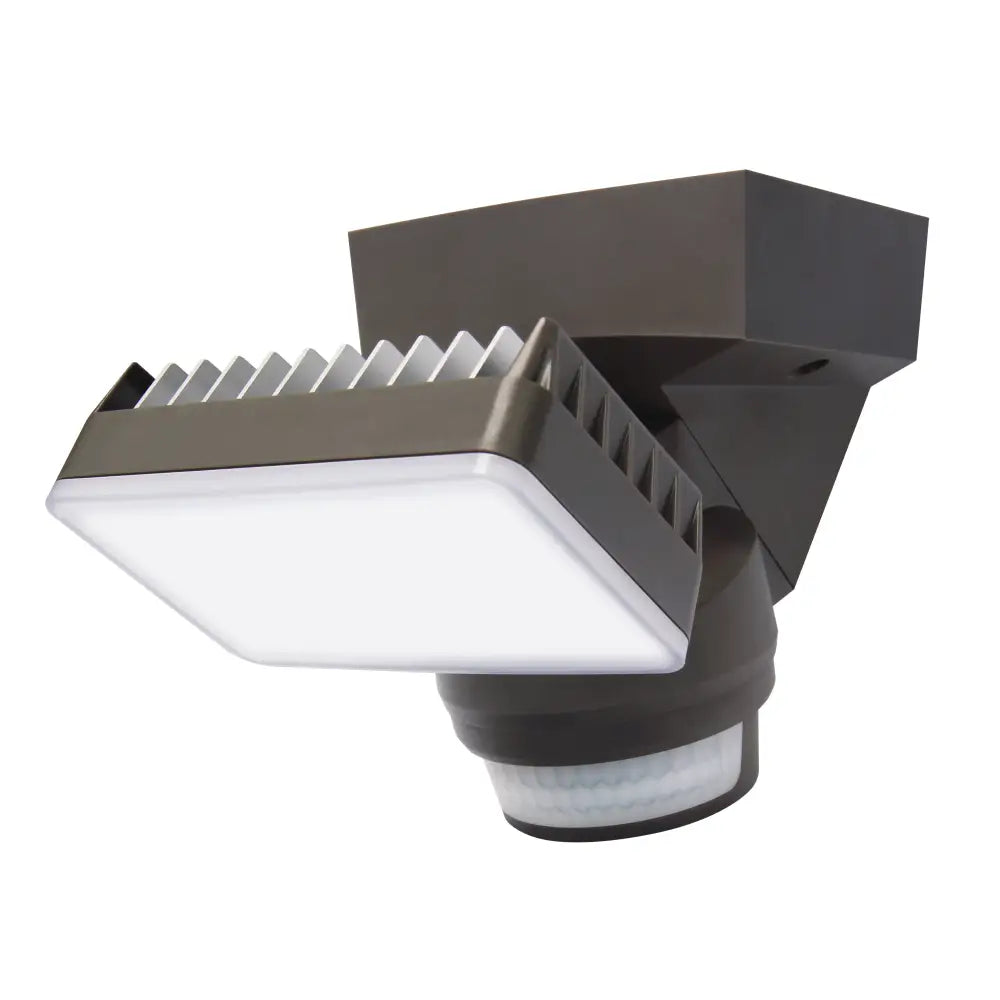 Black IQ America LED motion security light with rectangular white LED panel and heat-dissipating fins for outdoor security