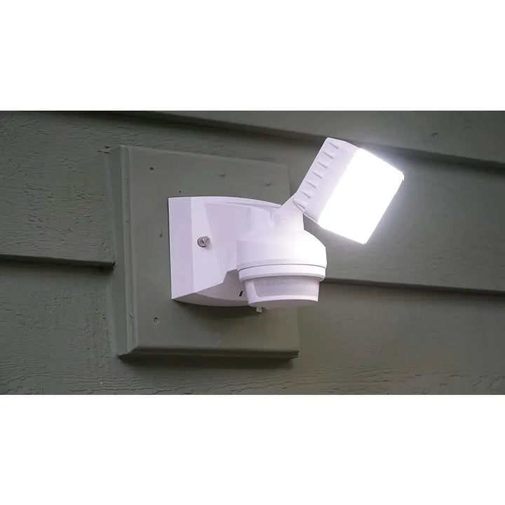 White IQ America LED motion security floodlight with rectangular led head and adjustable arm for outdoor security