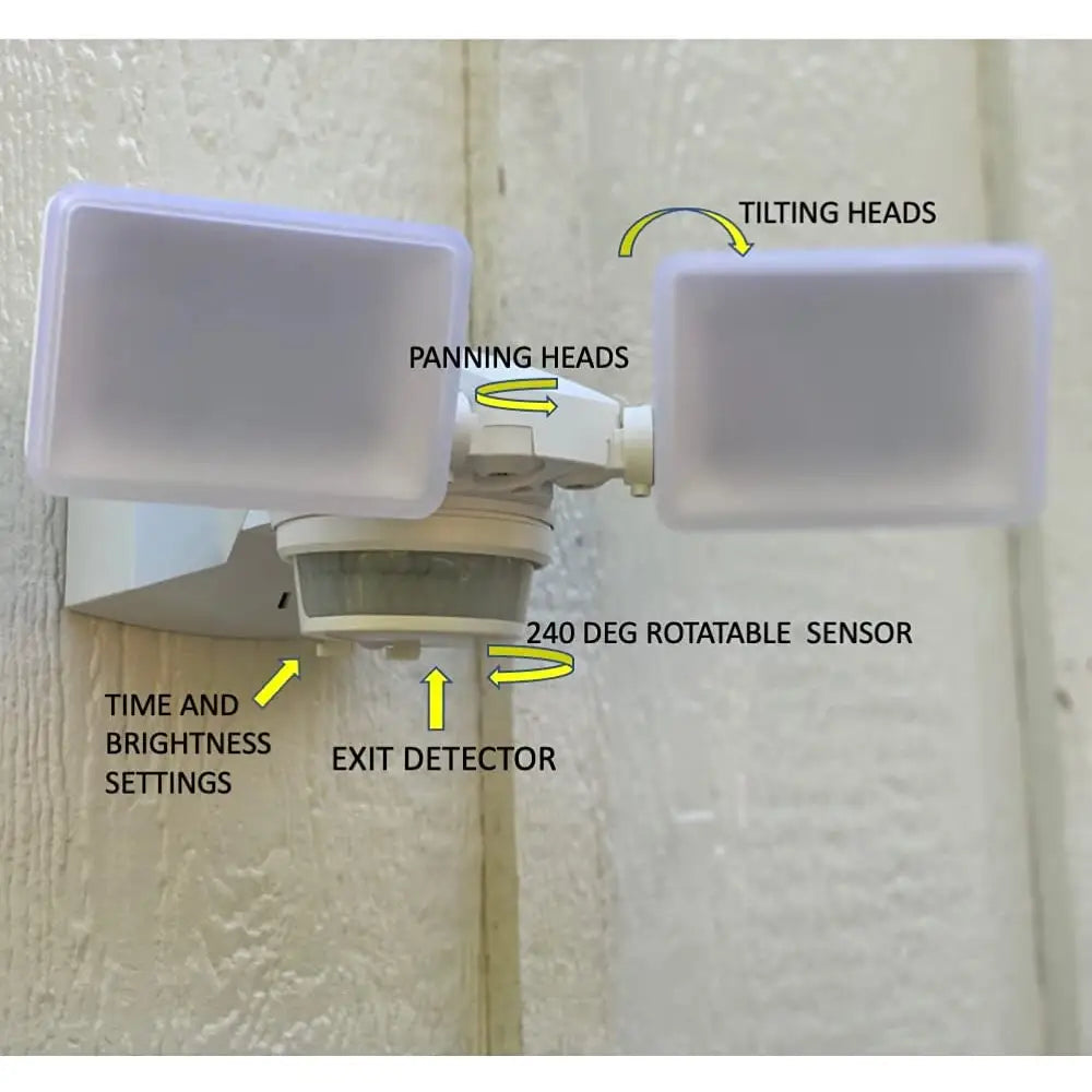 Iq america led white plastic outdoor security flood light with two panning heads and 240-degree rotatable motion sensor