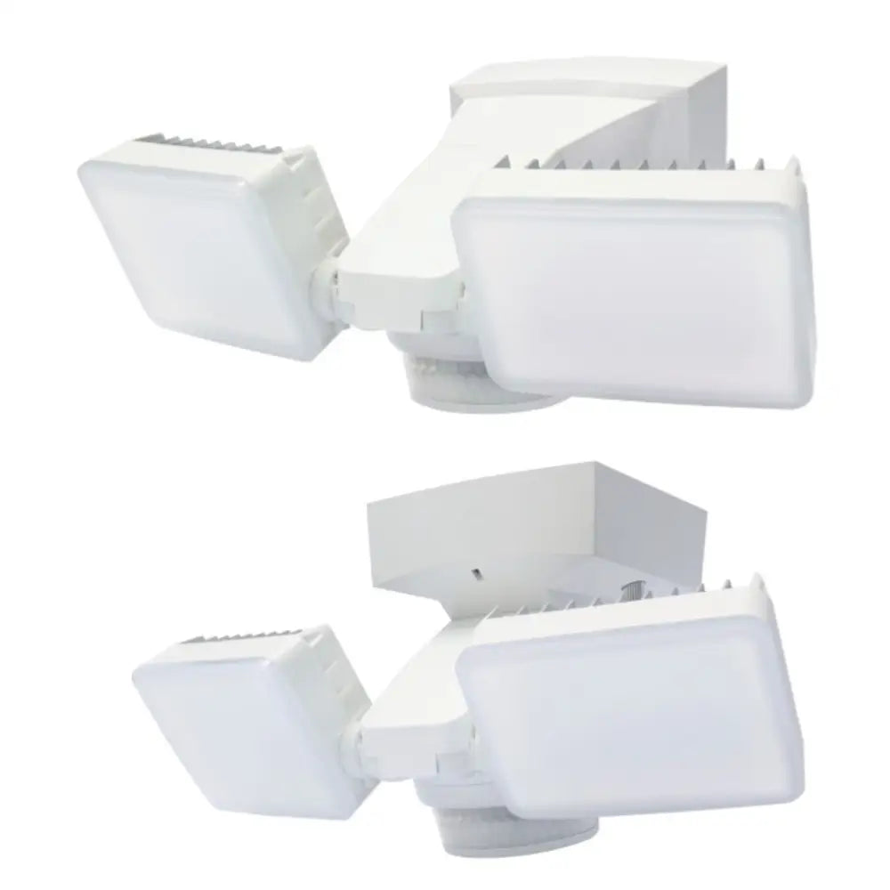 White dual-head outdoor security flood light with motion sensor and molded plastic housing by IQ America