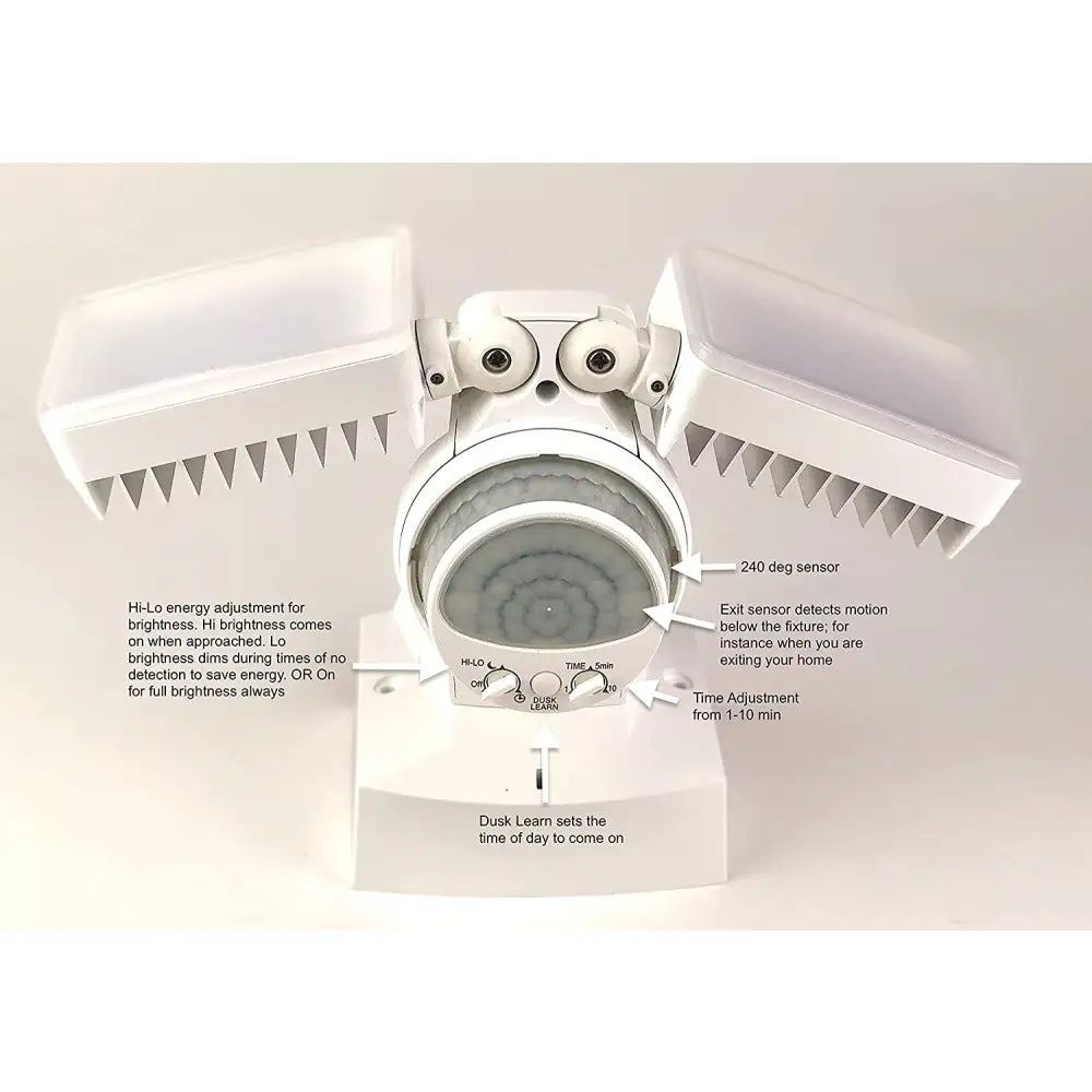 White plastic iq america led motion security floodlight with cartoon eyes and winged solar panels for outdoor security