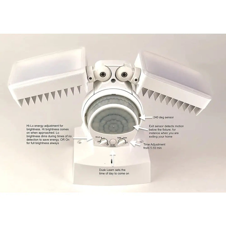 White plastic iq america led motion security floodlight with cartoon eyes and winged solar panels for outdoor security
