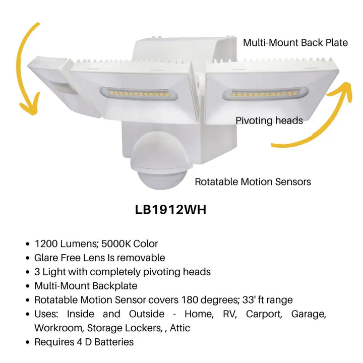 White lb1912wh iq america led battery powered motion sensor flood light with three pivoting heads and rotatable sensor
