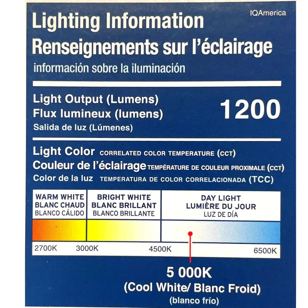 Blue lighting label on the back of iq america led motion security light showing 1200 lumens 5000k cool white