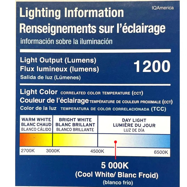 Blue lighting label on the back of iq america led motion security light showing 1200 lumens 5000k cool white