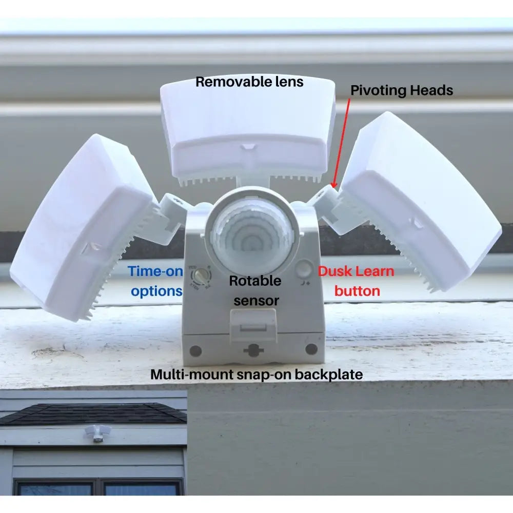 White iq america led motion security light with three pivoting heads and removable lens battery powered security light