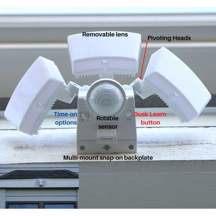 White iq america led motion security light with three pivoting heads and removable lens battery powered security light