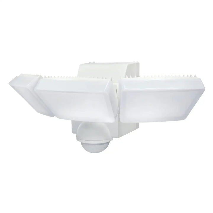 IQ America white battery powered security light with three adjustable LED panels and motion sensor flood light feature