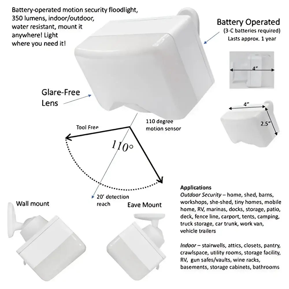 Iq America white battery-operated led motion security floodlight with glare-free lens and 110-degree sensor for eave mount