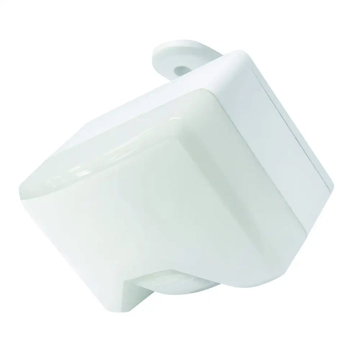 White rectangular IQ America led light motion security sensor designed for eave mount with 350 lumen battery power