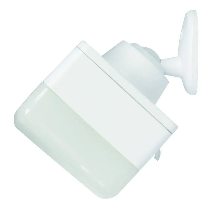 Iq america white plastic led motion security light with frosted glass cover and eave mount bracket battery powered