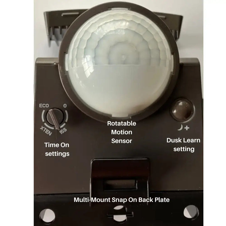 Black IQ America LED motion security flood light with frosted dome lens and adjustable eco mode and time settings