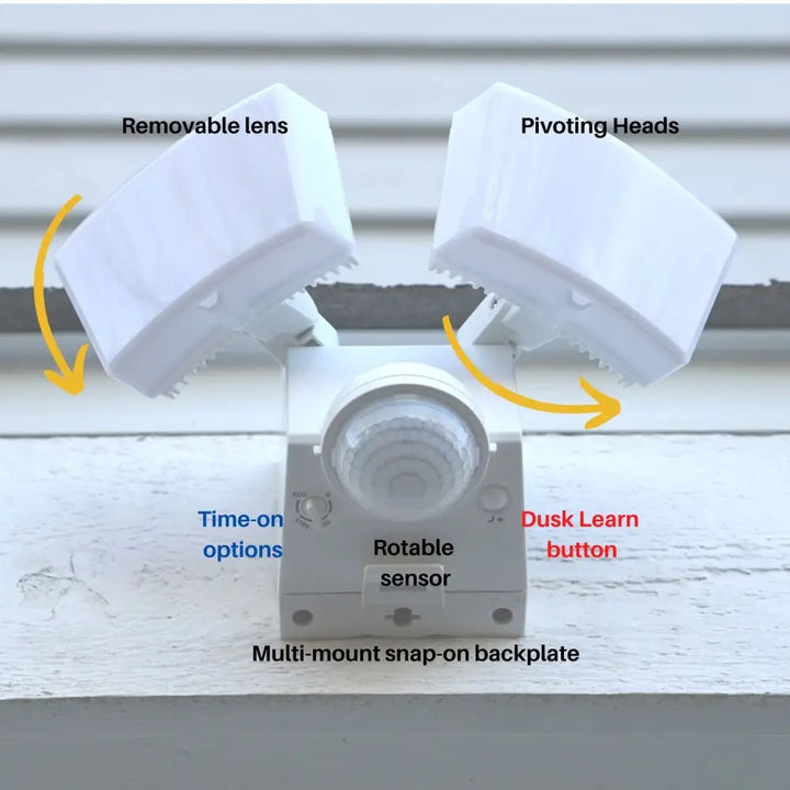 White iq america led motion security light with two pivoting heads and removable lens is a battery powered motion sensor floodlight