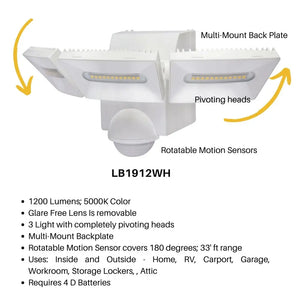 IQ America Motion Security Flood Light Battery-Powered Motion Sensor 1200 Lumen LED Wall or Eave Soffitt Universal