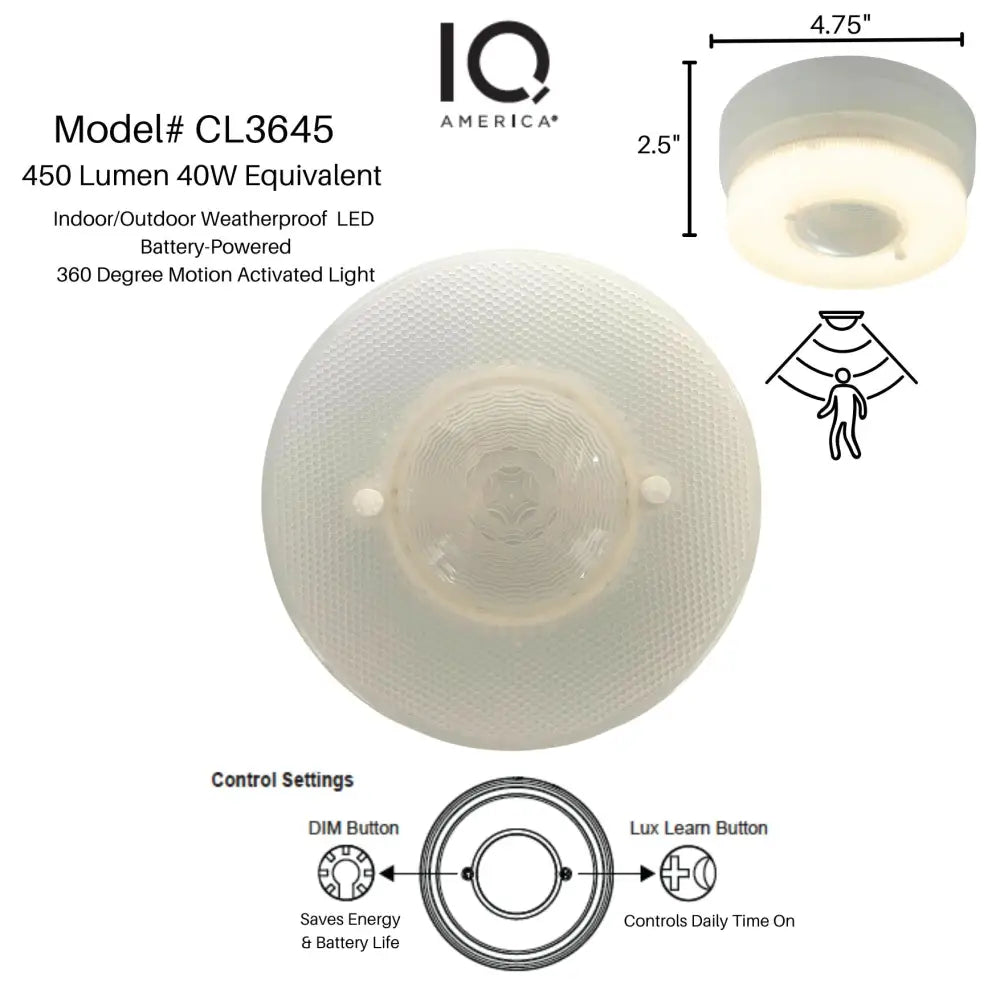 Iq america cl3645 motion sensor ceiling light is a frosted white led light with battery operated motion sensor and weatherproof design