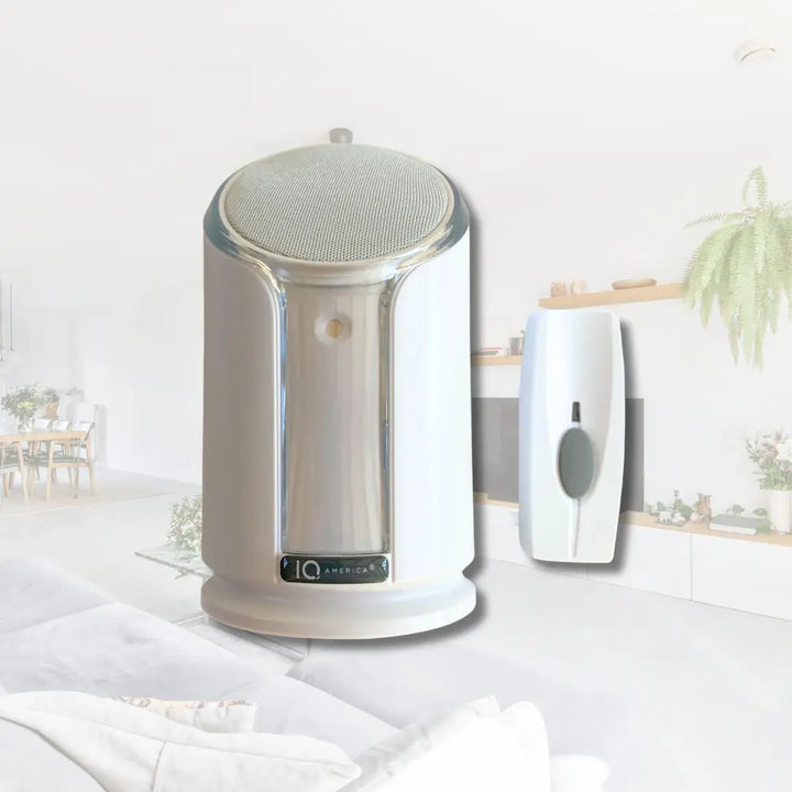 Silver and white iq america air freshener diffuser with mesh top and chrome accents for battery powered wireless use