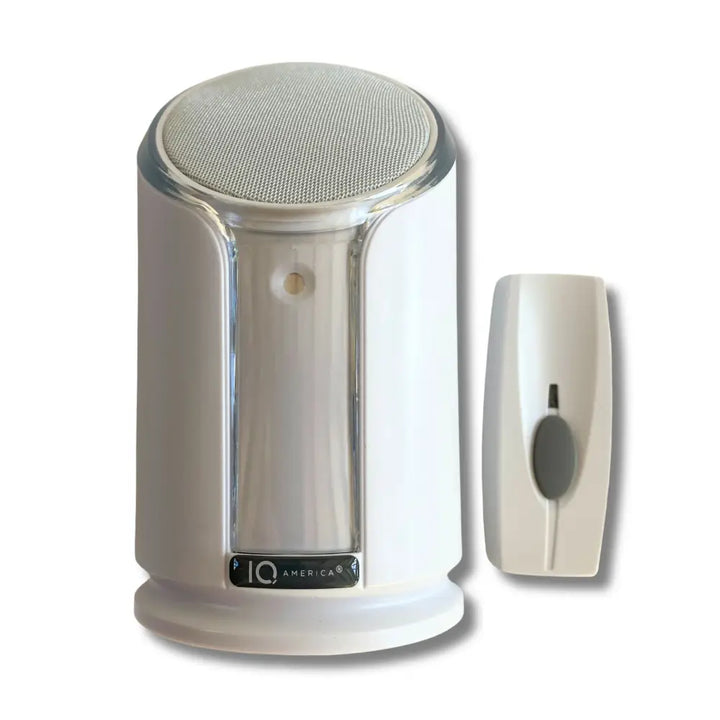 White iq america battery powered wireless doorbell chime kit with cylindrical speaker and matching wall-mounted button