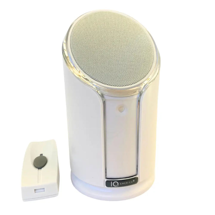 White cylindrical iq america powered wireless doorbell chime with mesh grille and clear trim battery powered wireless kit