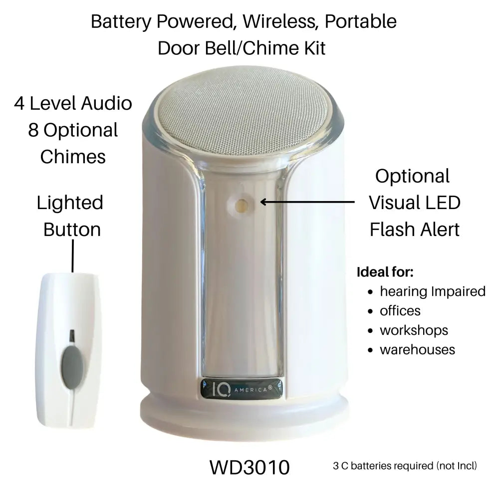 Iq america powered battery powered wireless doorbell chime kit with white cylindrical design and chrome accents