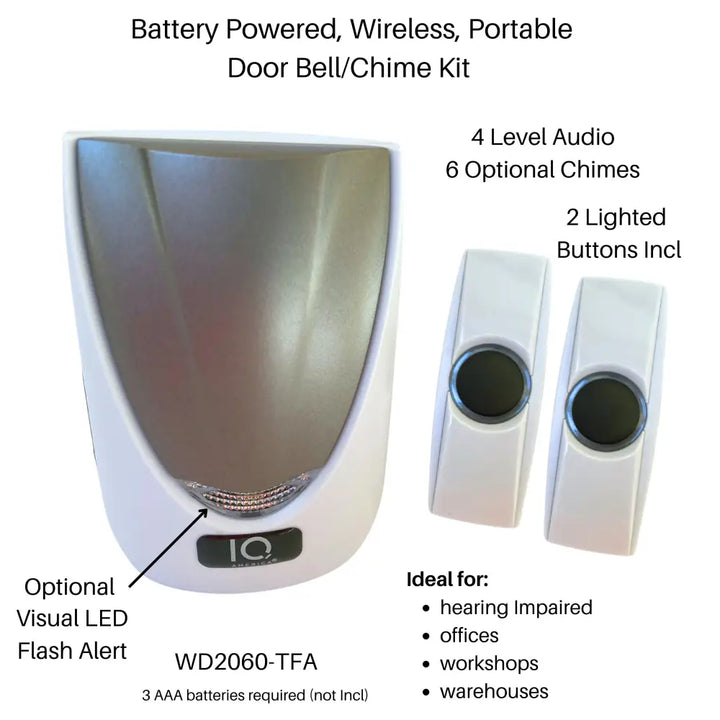 Battery Powered Wireless Portable Door Bell Chime with Visual Alert Kit | 6 Chime Tones | 4 Volume Levels| 2 Buttons