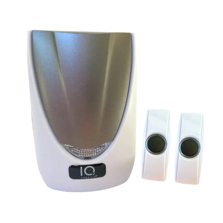 Iq america silver and white wireless portable door chime with dual buttons and sleek metallic finish battery powered wireless door bell