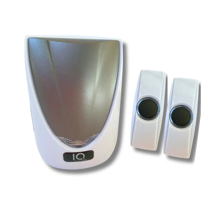 White iq america silver and white wireless portable door chime with sleek receiver and two battery powered wireless door bell buttons