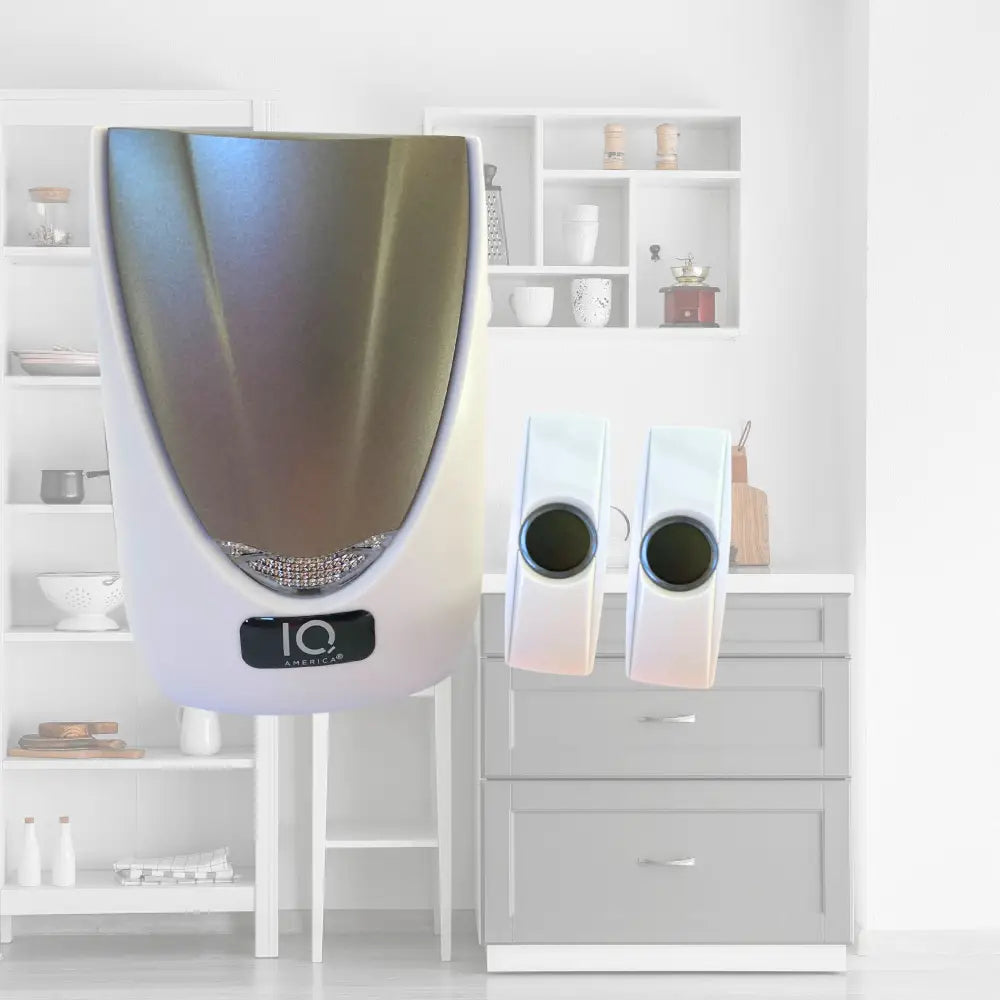 Iq america silver and white wireless doorbell chime with dual buttons featuring sleek metallic hand dryer design is a battery powered wireless door bell