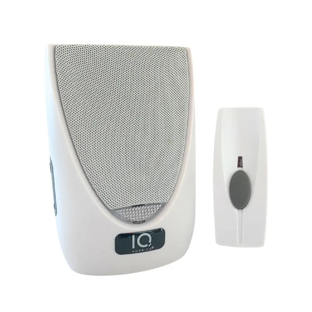 White iq america battery powered wireless doorbell chime kit with silver mesh speaker and matching receiver button