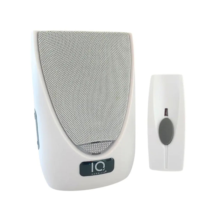 White iq america battery powered wireless doorbell chime kit with silver mesh speaker and matching receiver button