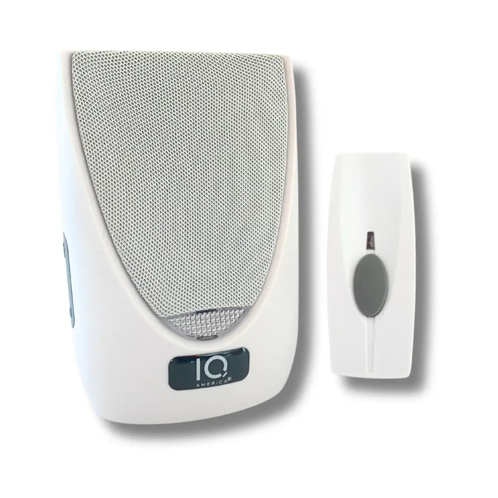 White iq america wireless portable doorbell chime kit with silver mesh speaker and battery powered wireless remote