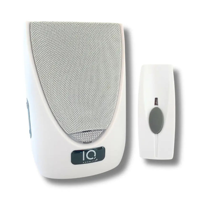 White iq america wireless portable doorbell chime kit with silver mesh speaker and battery powered wireless remote