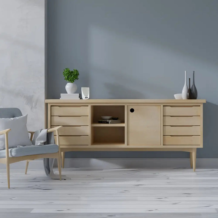 Light wood mid-century modern sideboard with sliding door and drawers beside iq america white battery powered wireless doorbell chime kit with silver mesh speaker