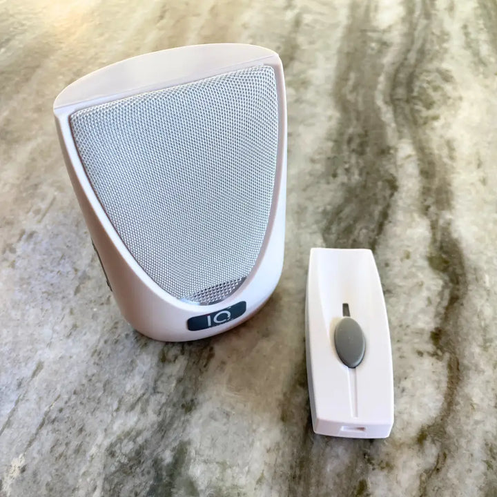 Iq america white wireless doorbell chime with silver mesh speaker and battery powered wireless portable door remote
