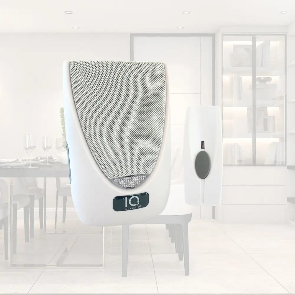 White iq aerosoft chair with textured gray mesh back paired with iq america white battery powered wireless doorbell chime kit