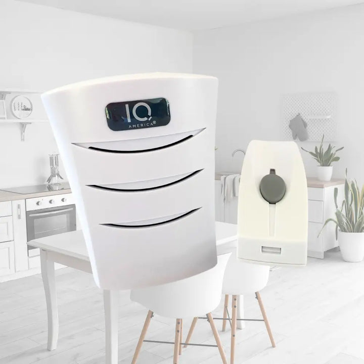 White iq america chair with sleek modern design and horizontal slats featured in wireless portable door bell kit image